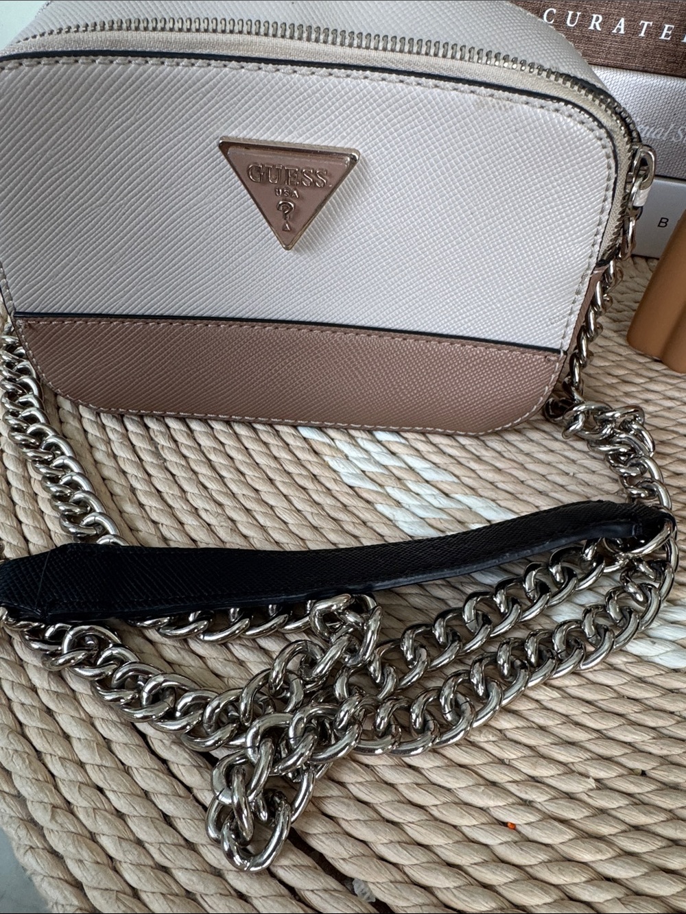 GUESS Two-Tone Cream and Taupe Crossbody with Chain Strap
